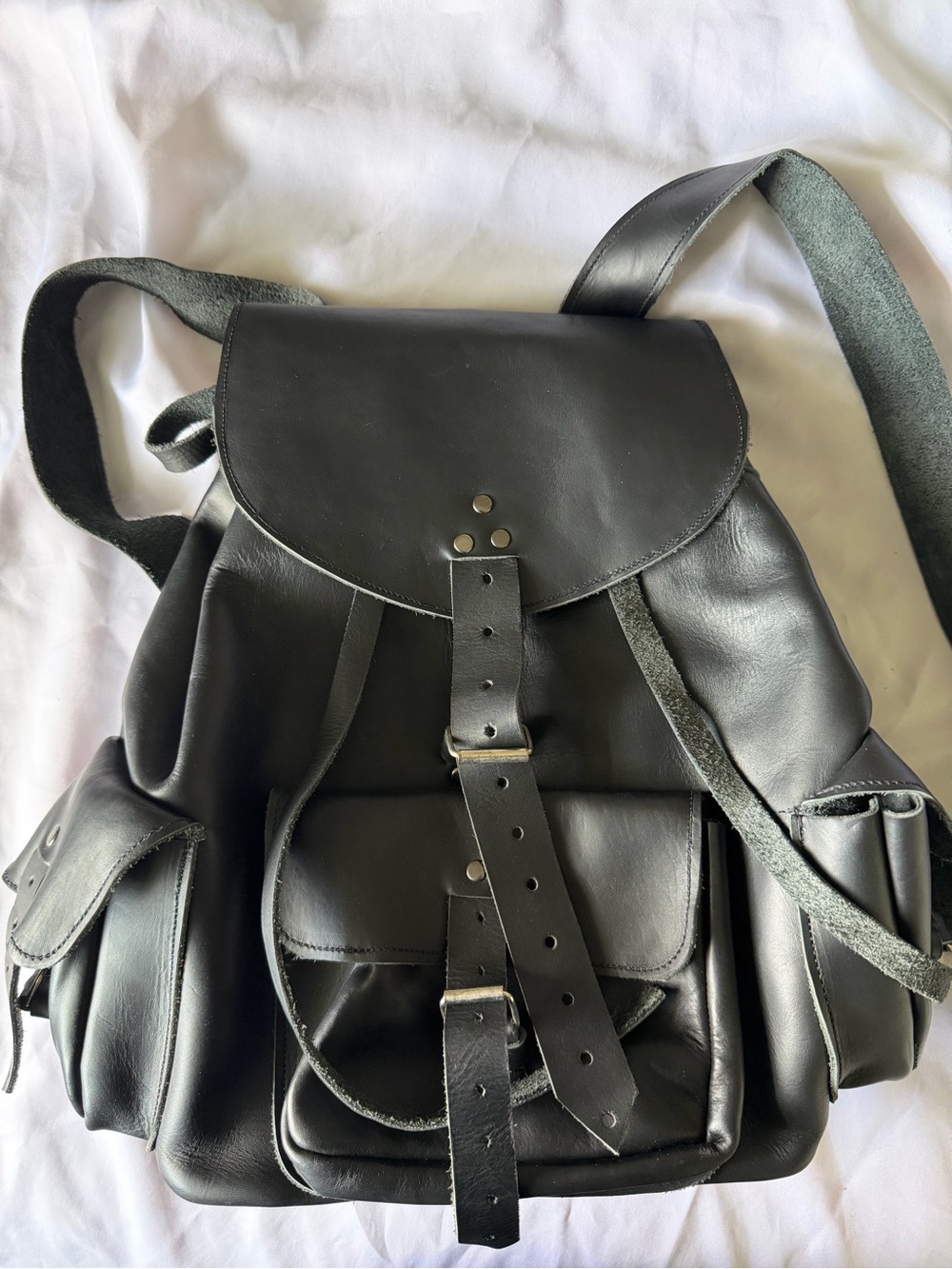 Black Leather Drawstring Backpack - Classic Utility Rucksack